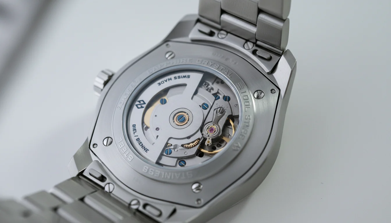 Macro of the Formex Essence sapphire caseback showing the automatic movement with engraved case ring text reading Sapphire Crystal, Swiss Made, and 100M