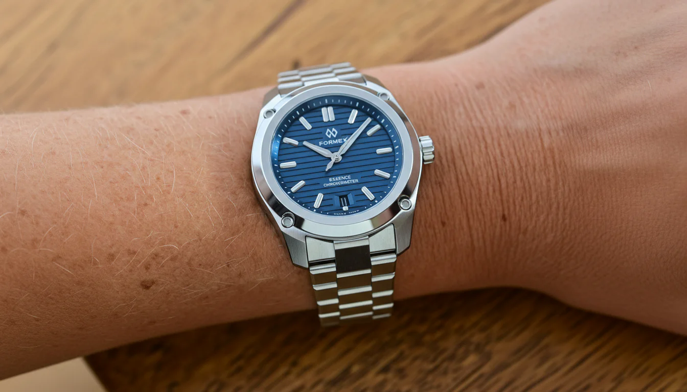 Formex Essence watch worn on a wrist resting on a wooden table, blue dial with FORMEX and Essence Chronometer text clearly visible