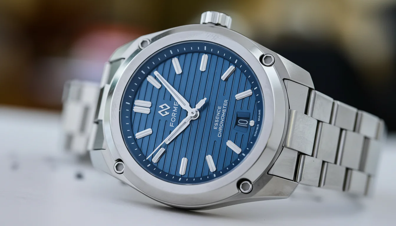 Close-up macro of the Formex Essence blue textured dial showing the applied hour markers, FORMEX wordmark, and Essence Chronometer text