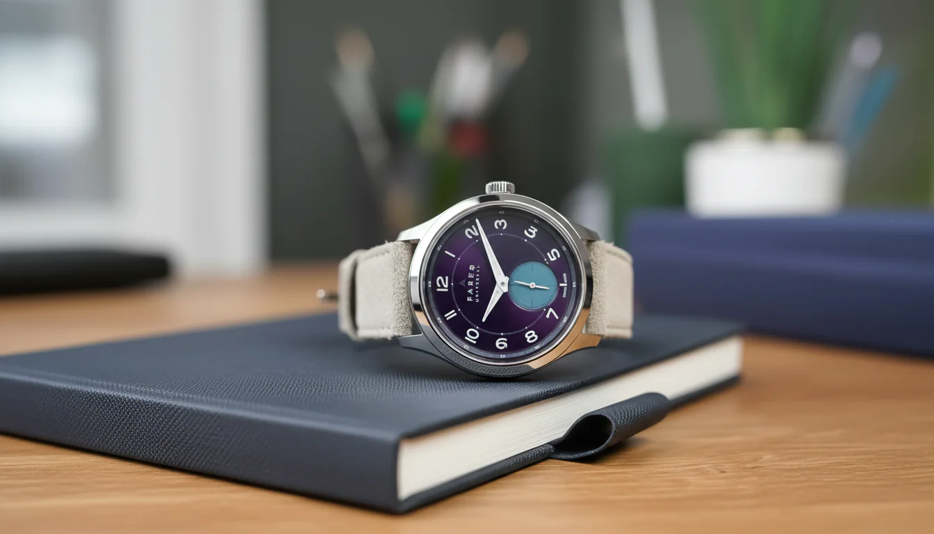 Farer Universal watch with a deep purple sunburst dial and a small teal subdial, resting on a notebook