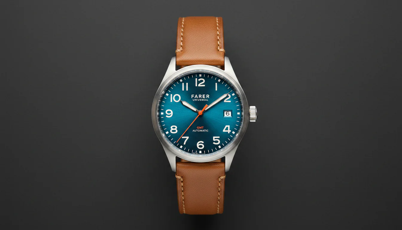 Farer Lander IV GMT watch with an orange GMT hand and teal dial, worn on a leather strap