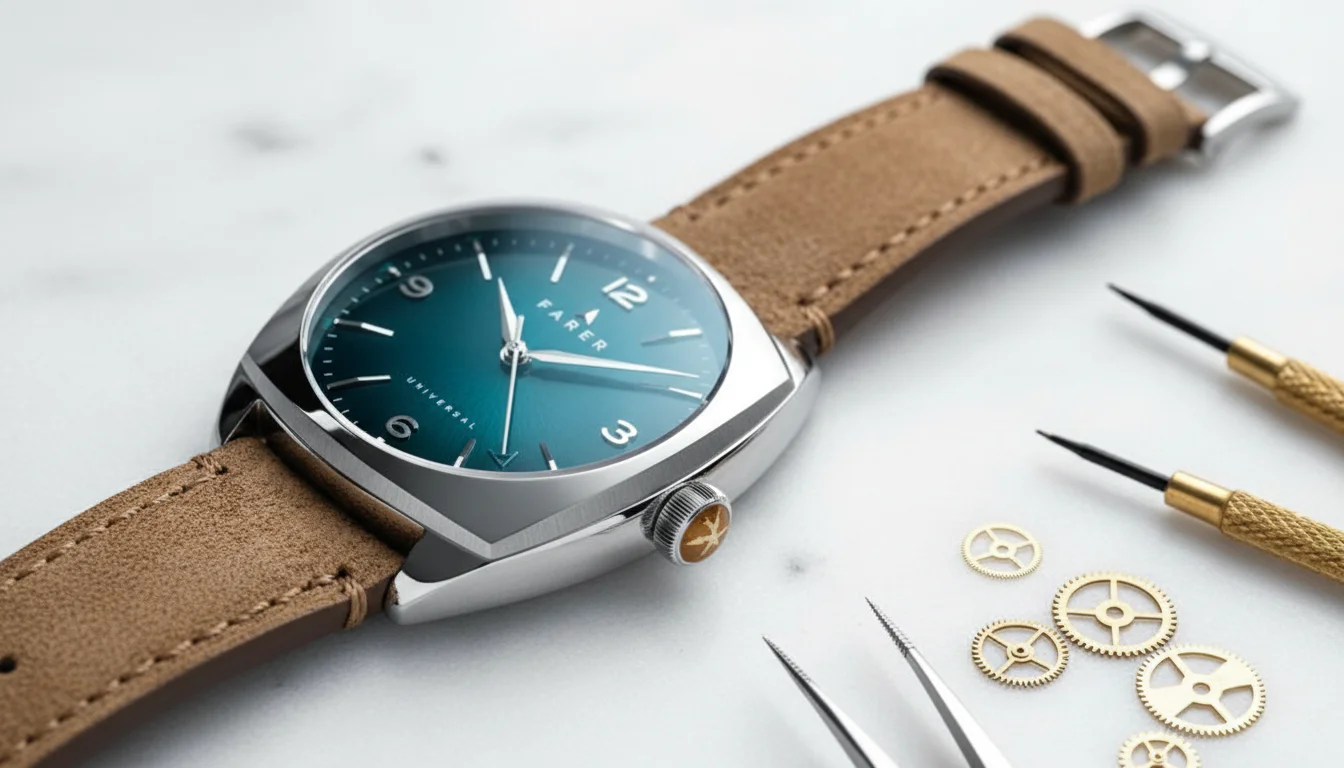 Farer Cushion Case watch on a leather strap resting next to watch tools on a workbench