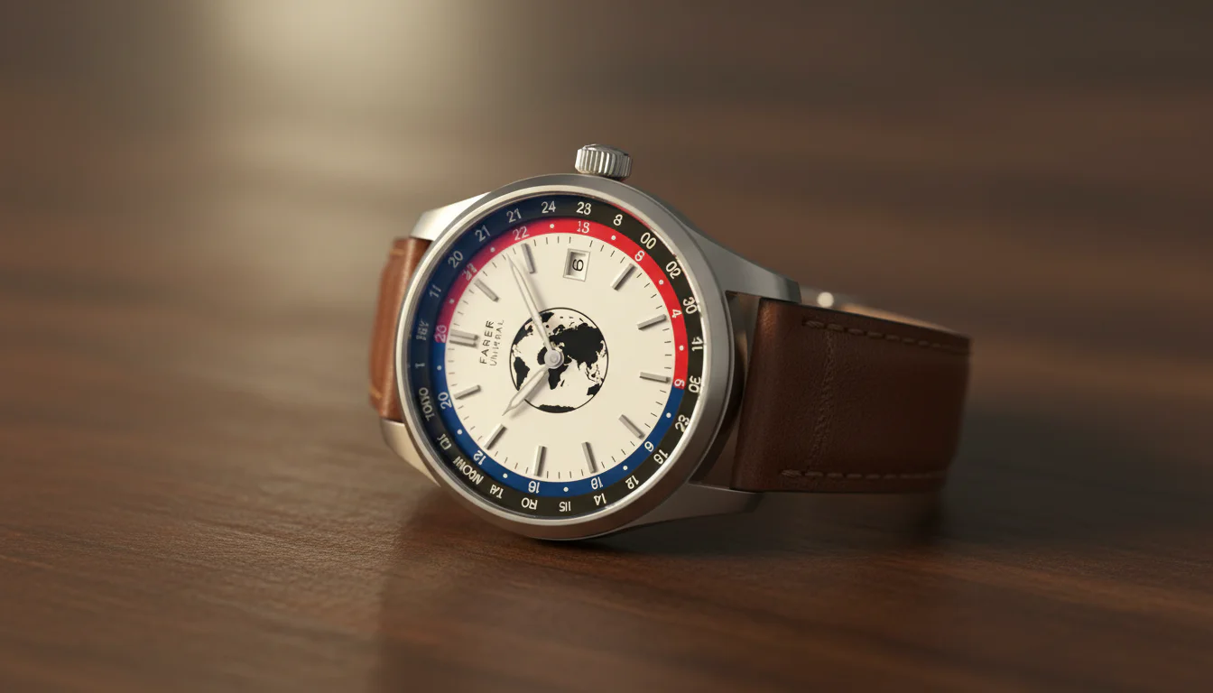 Farer World Timer watch with a rotating city ring bezel and a globe graphic, resting on a wooden desk