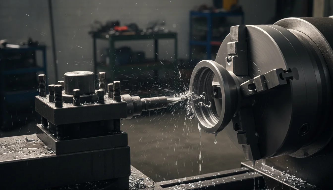 Macro of a lathe cutting into a metal watch case blank, with visible metal shavings and coolant spray