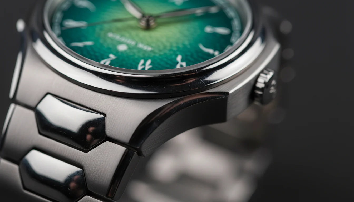 Close-up of a finished tantalum watch case showing its natural dark metallic lustre under studio light
