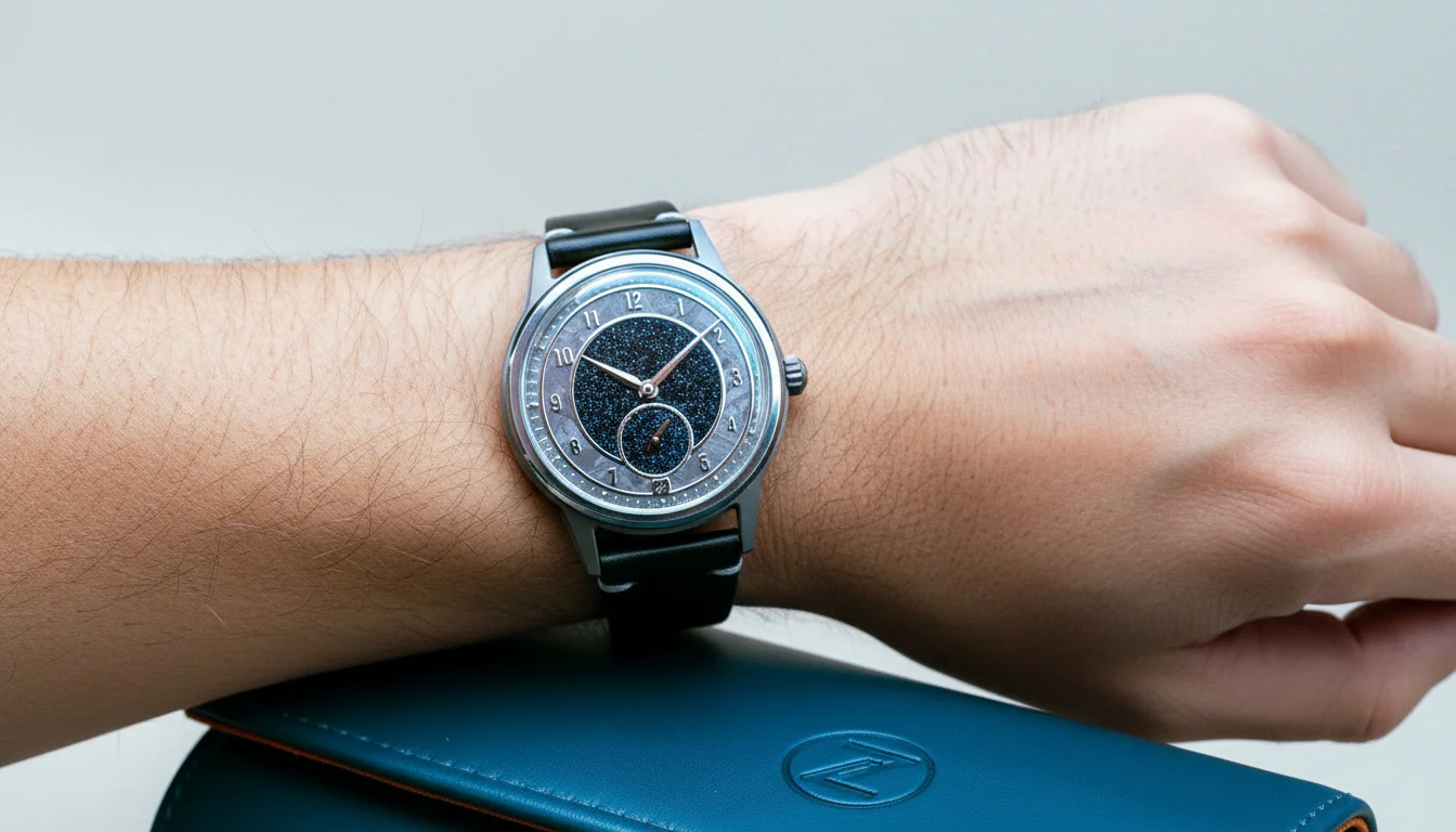 Zelos Nova tantalum watch with a meteorite and blue aventurine dial, worn on a wrist resting on a leather travel case