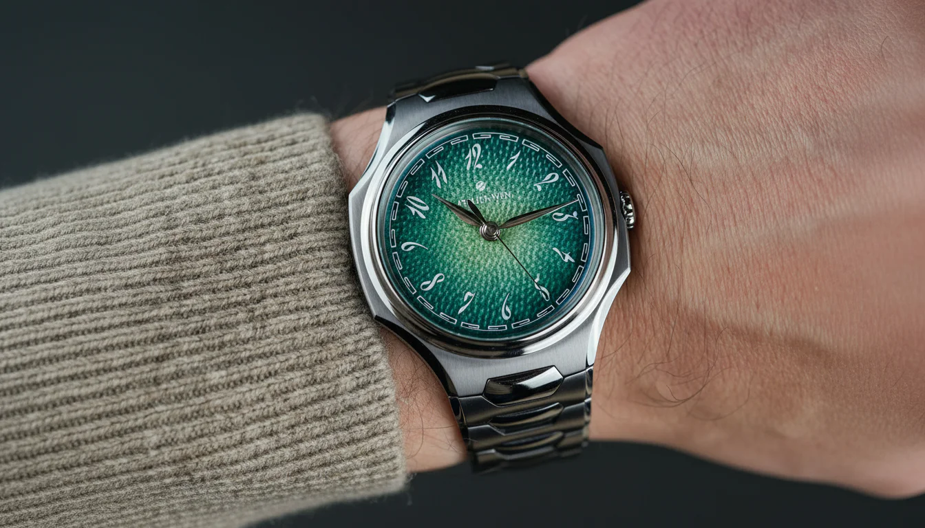 Atelier Wen Inflection tantalum watch with a green enamel dial, worn on a wrist