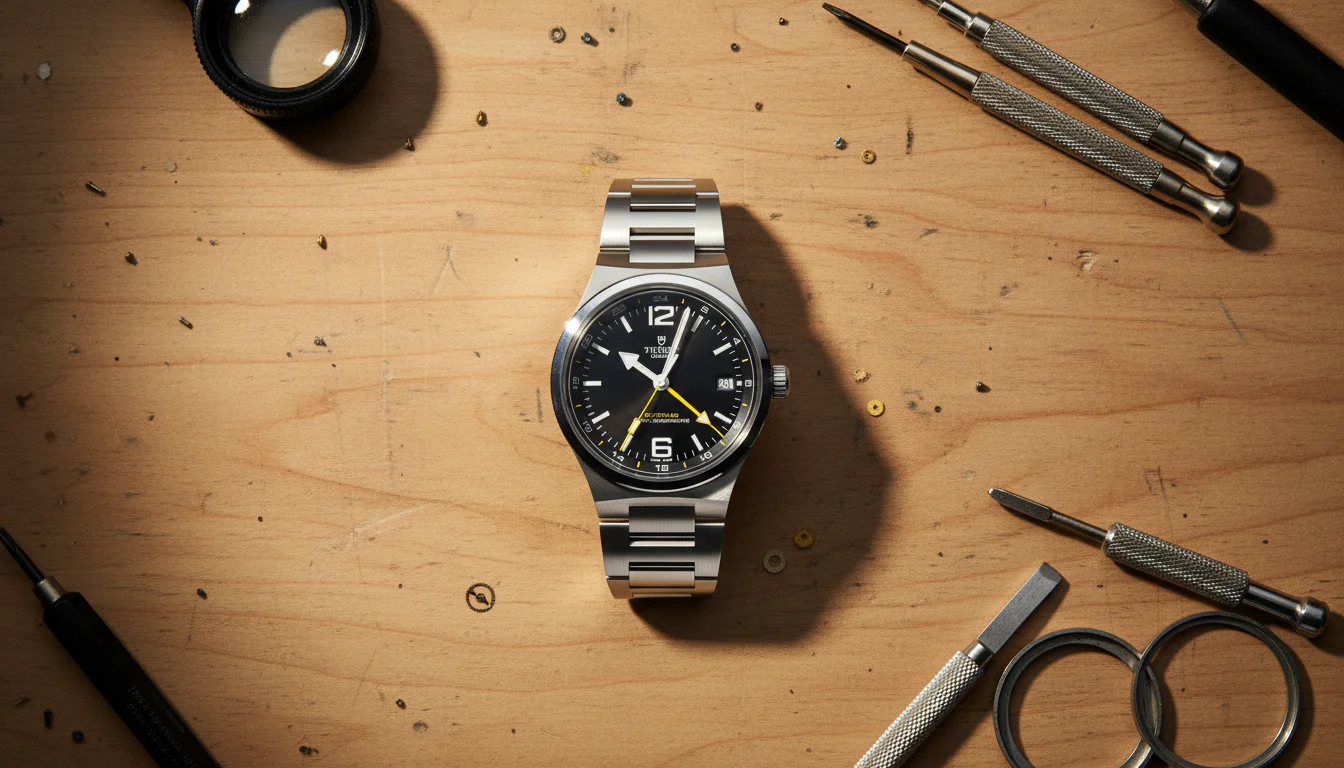 Tudor Northflag GMT shown on a watchmaker's bench with loupe and case tools, flat lay