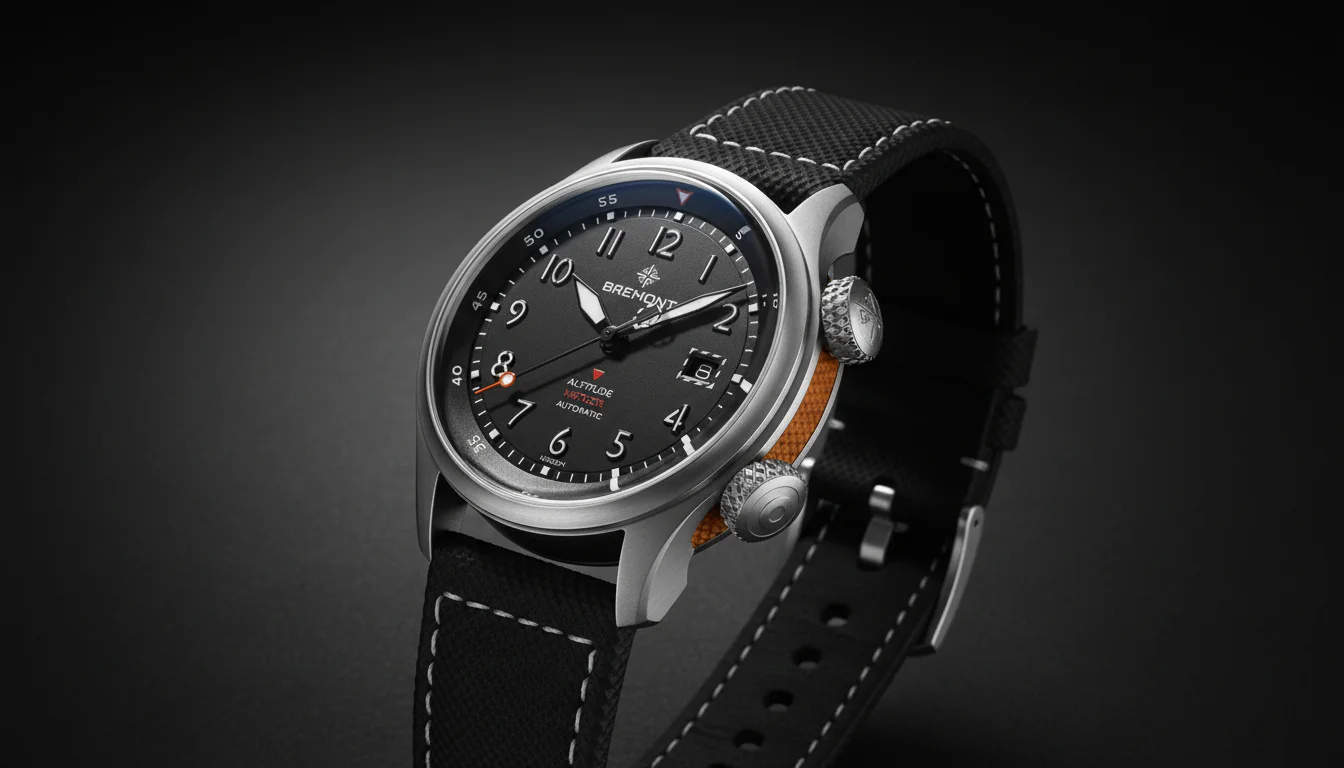 Bremont Martin-Baker MB Meteor in titanium with orange accents, front view
