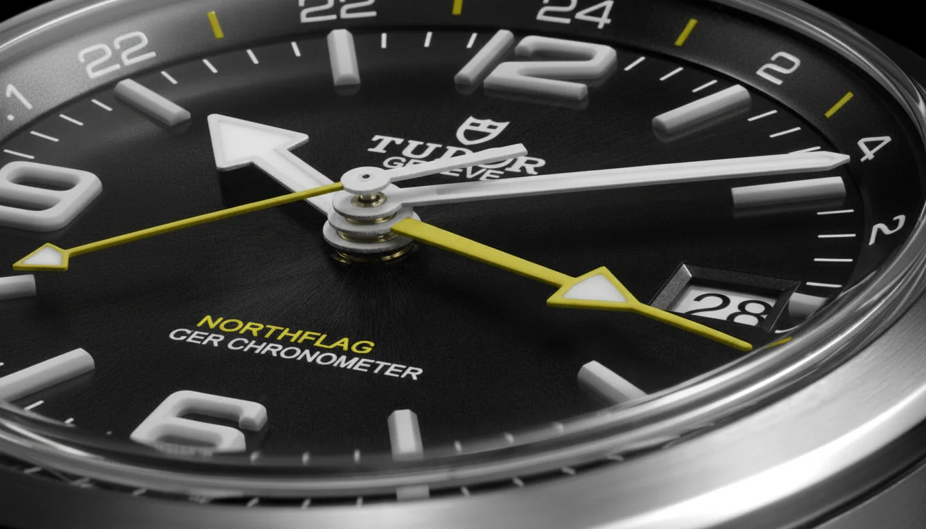 Tudor Northflag GMT dial detail showing the yellow GMT hand and fixed 24-hour flange, macro view