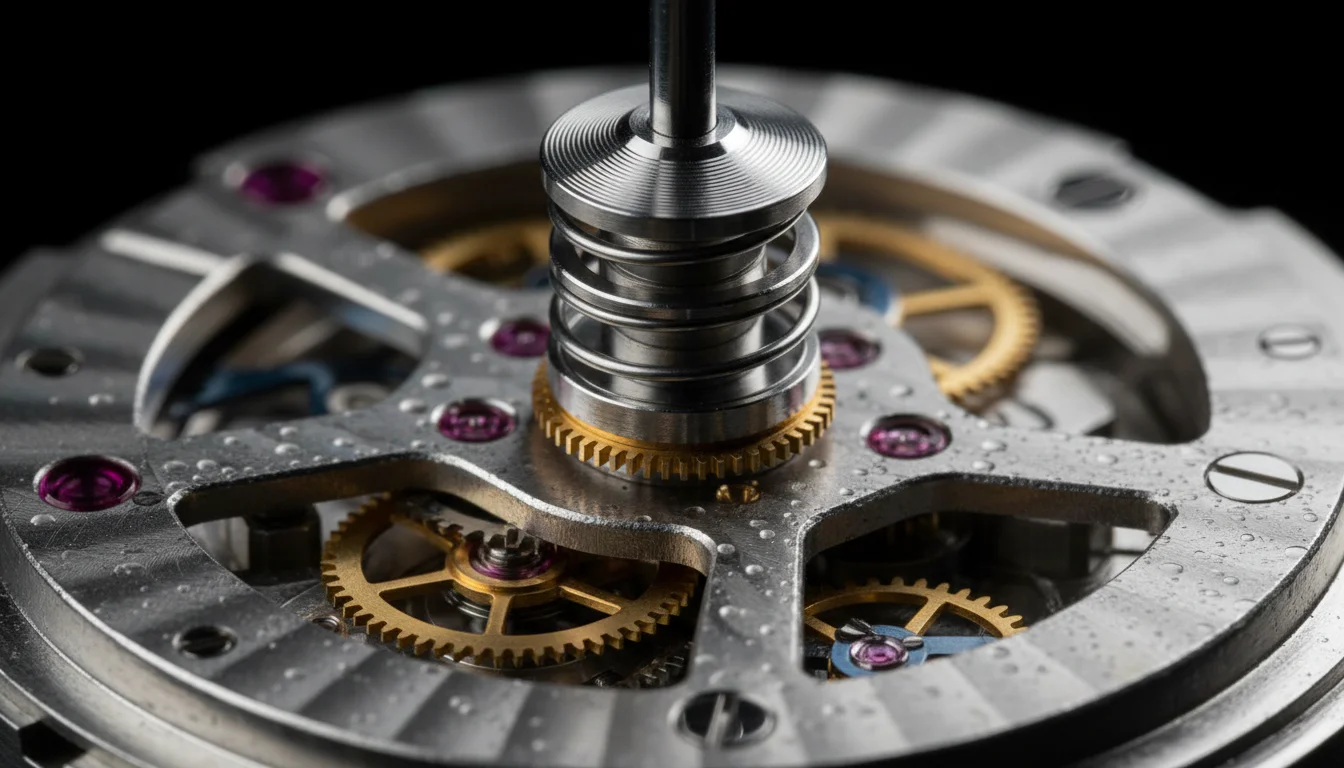 Chronograph movement macro showing the vertical clutch cone and flywheel mechanism