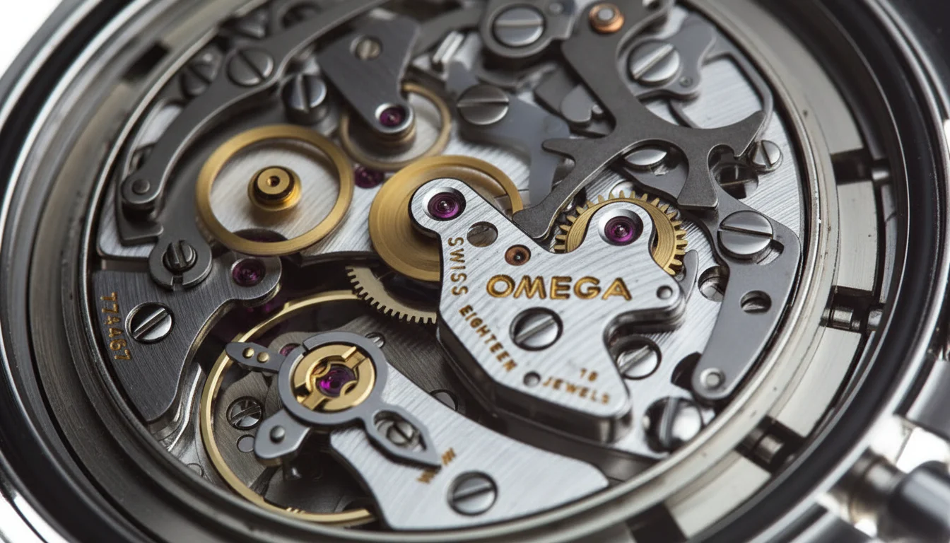 Chronograph movement caseback showing the gear train and clutch assembly, macro view