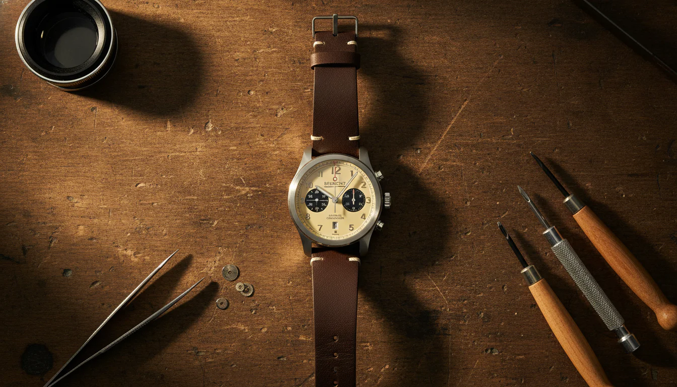 Bremont ALT1-C chronograph shown on a watchmaker's bench alongside tools, flat lay