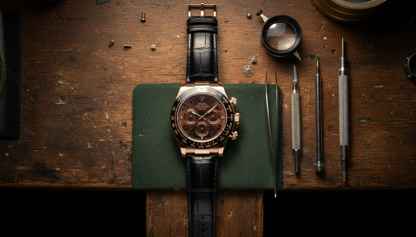 Rolex Daytona chronograph on a watchmaker's bench beside movement tools, flat lay