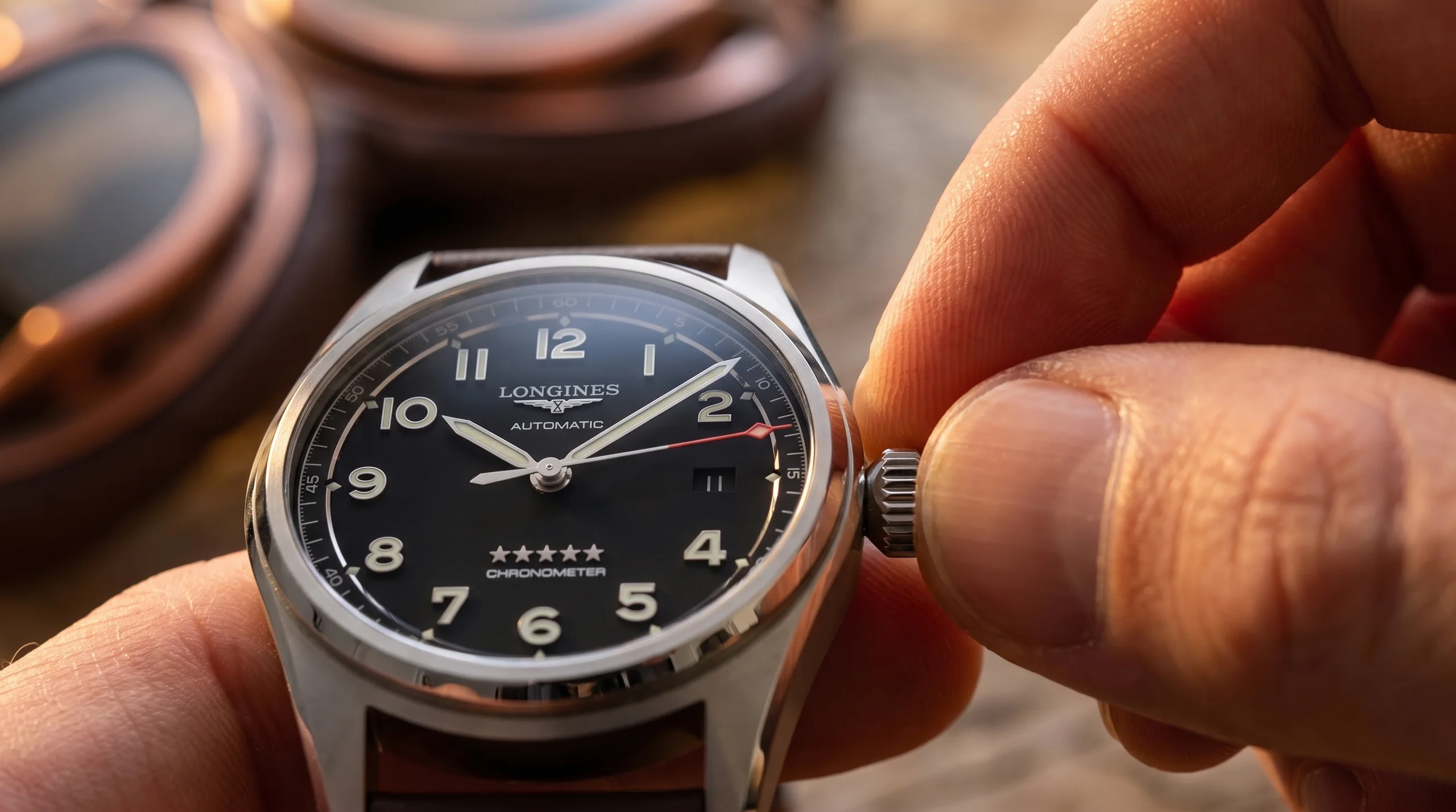 Pulling out the crown of a Longines Spirit to set the time