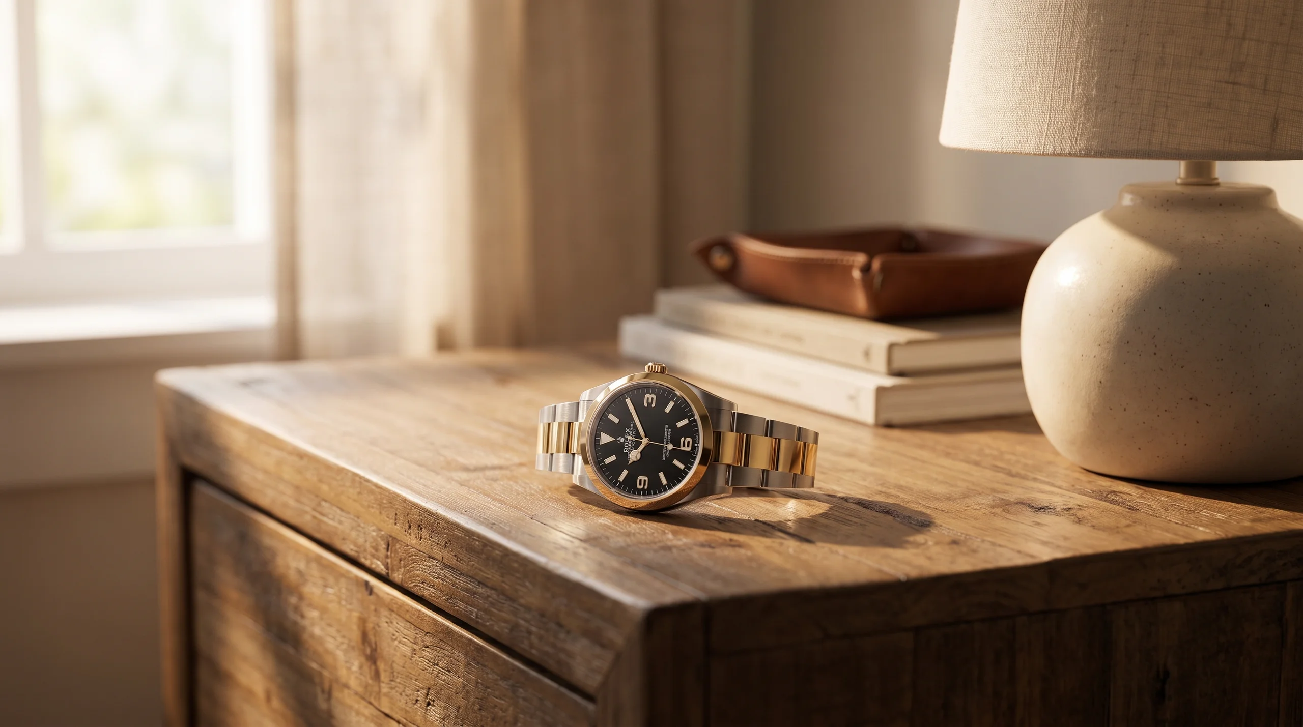 Automatic watch resting on a nightstand, ready to be wound and set