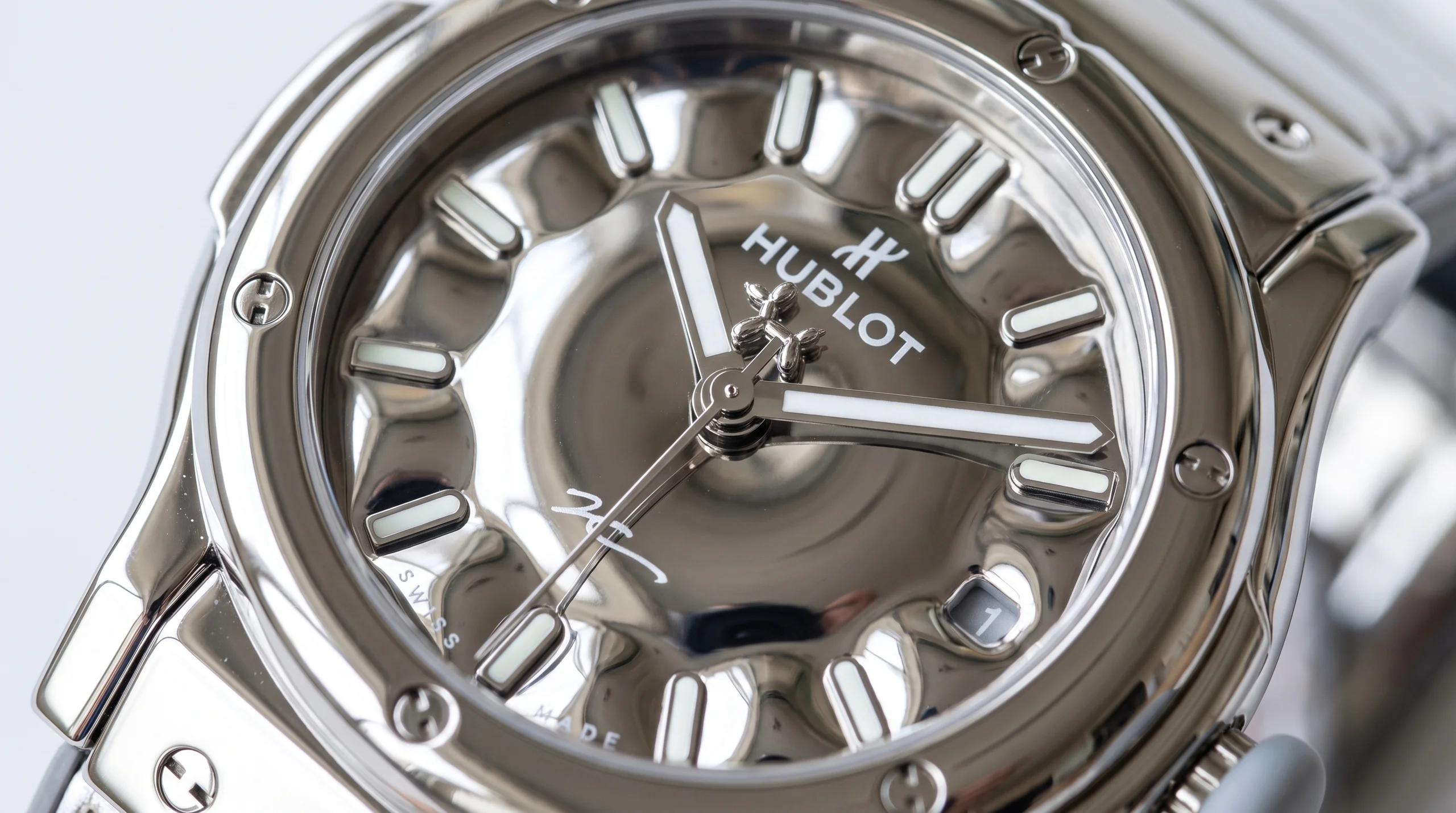 Close-up of the Hublot Classic Fusion Balloon Dog dial with balloon dog shaped seconds hand counterweight