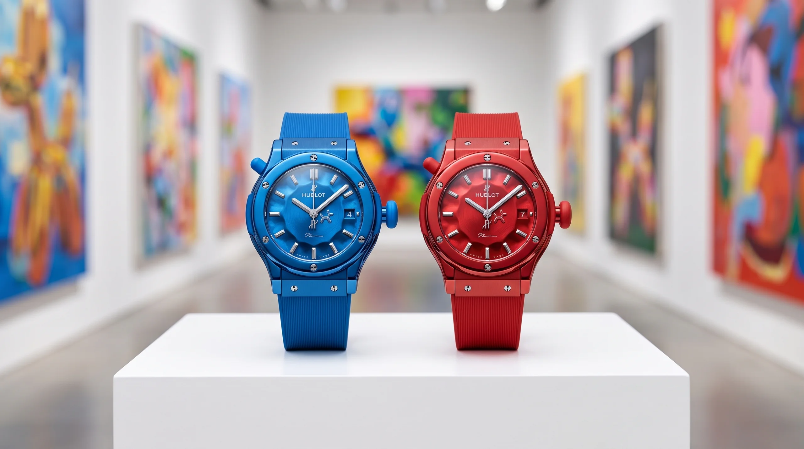 Red and blue Hublot Classic Fusion Balloon Dog watches by Jeff Koons displayed on a gallery pedestal