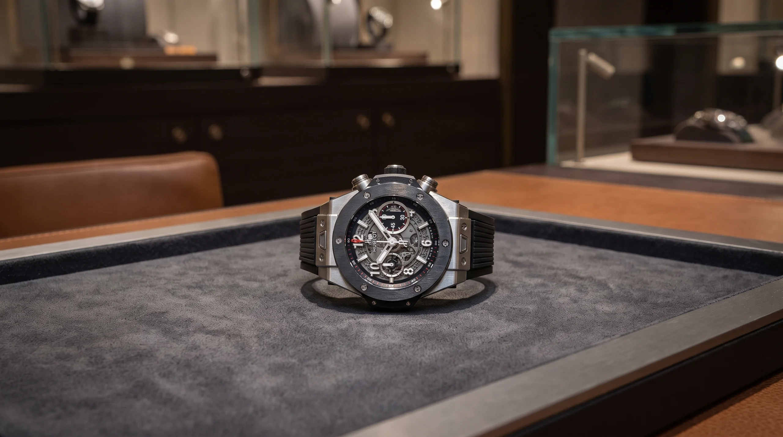 Hublot Big Bang Unico displayed on a suede pad in a boutique