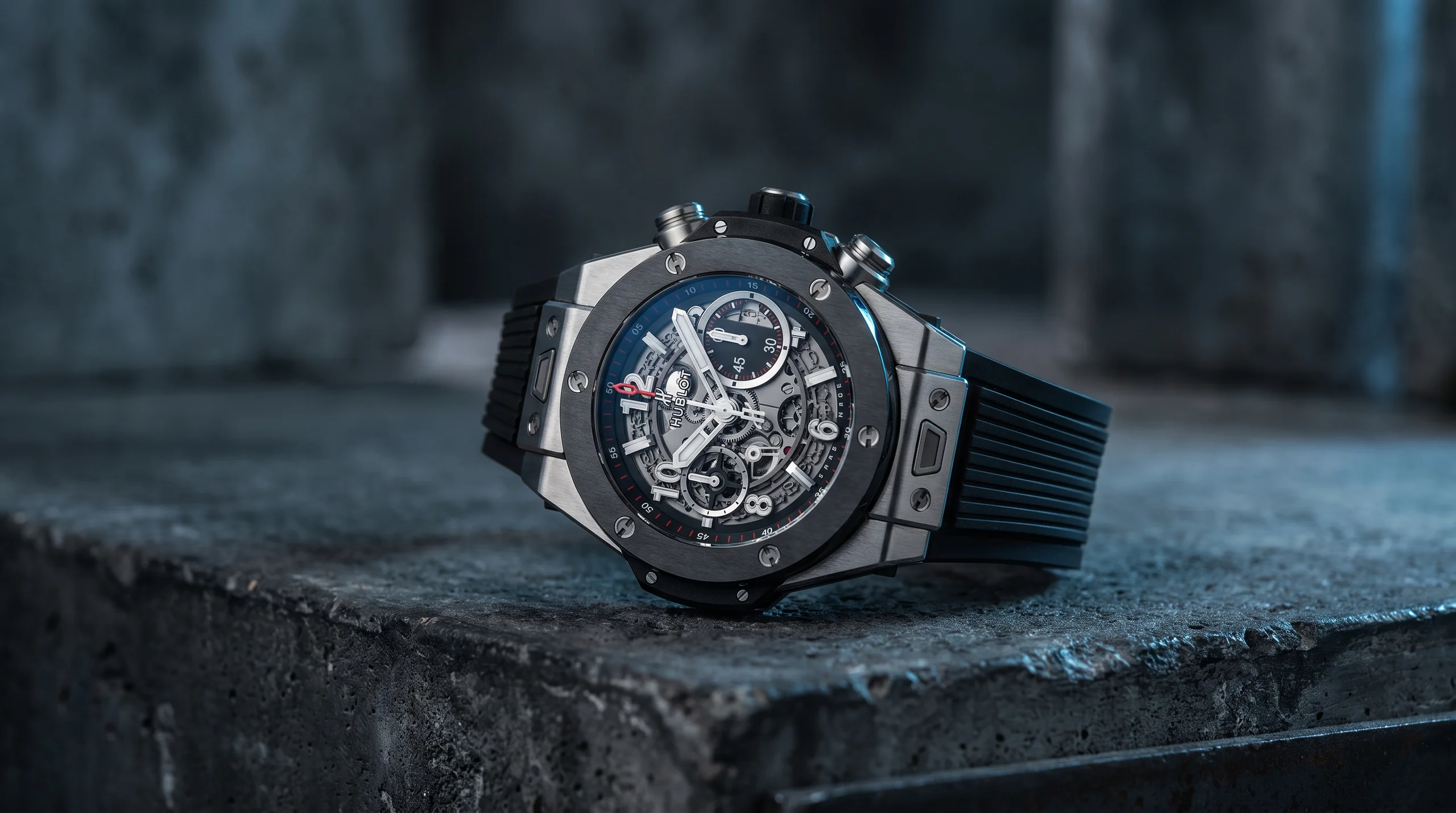 Hublot Big Bang Unico chronograph on an industrial concrete surface