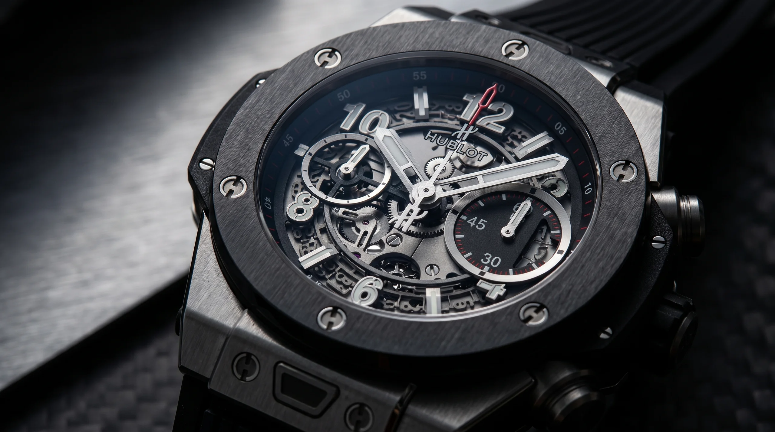 Macro of the Hublot Big Bang Unico bezel screws and skeleton dial