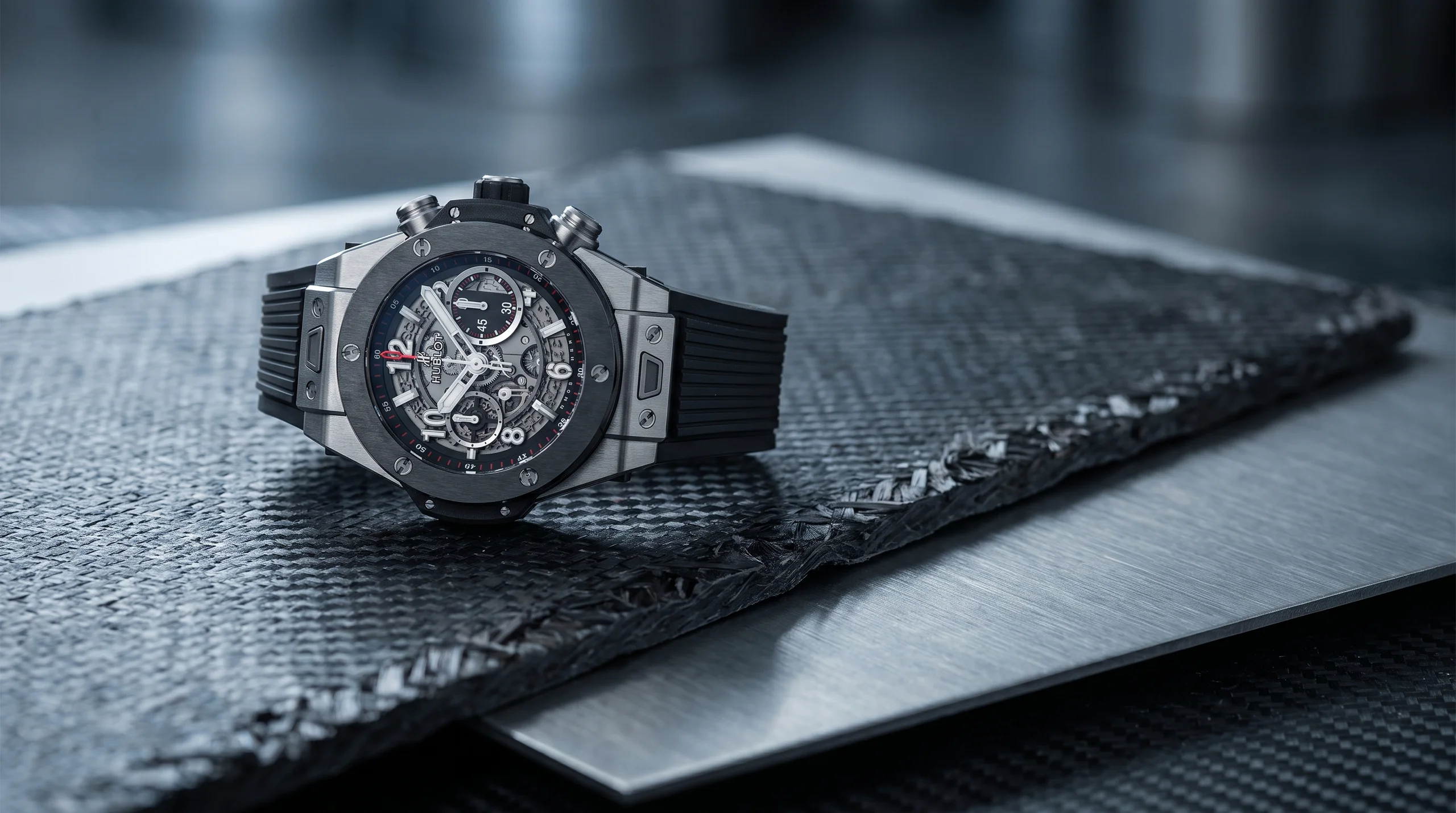 Hublot Big Bang Unico on carbon and titanium material samples