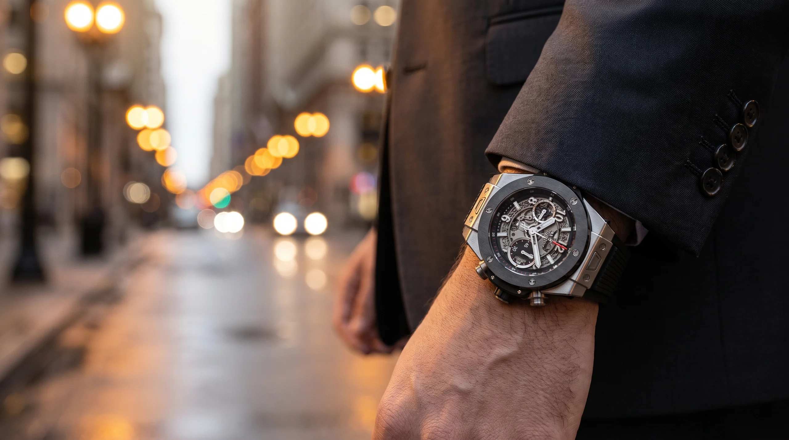 Hublot Big Bang Unico worn on the wrist below a suit cuff