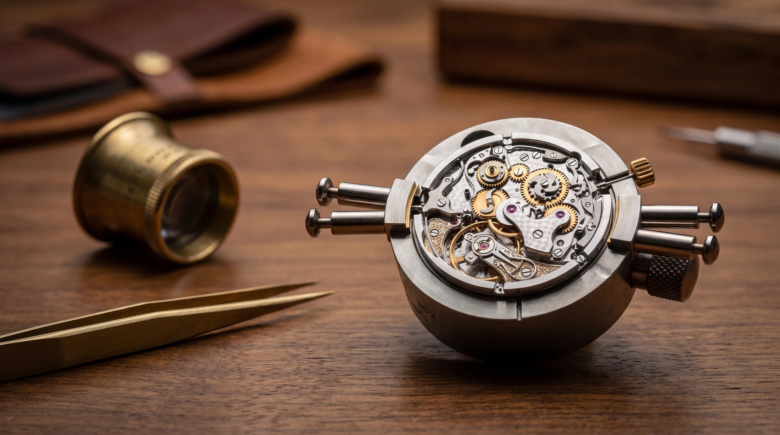 Hand-finished in-house movement on a watchmaker bench with a loupe