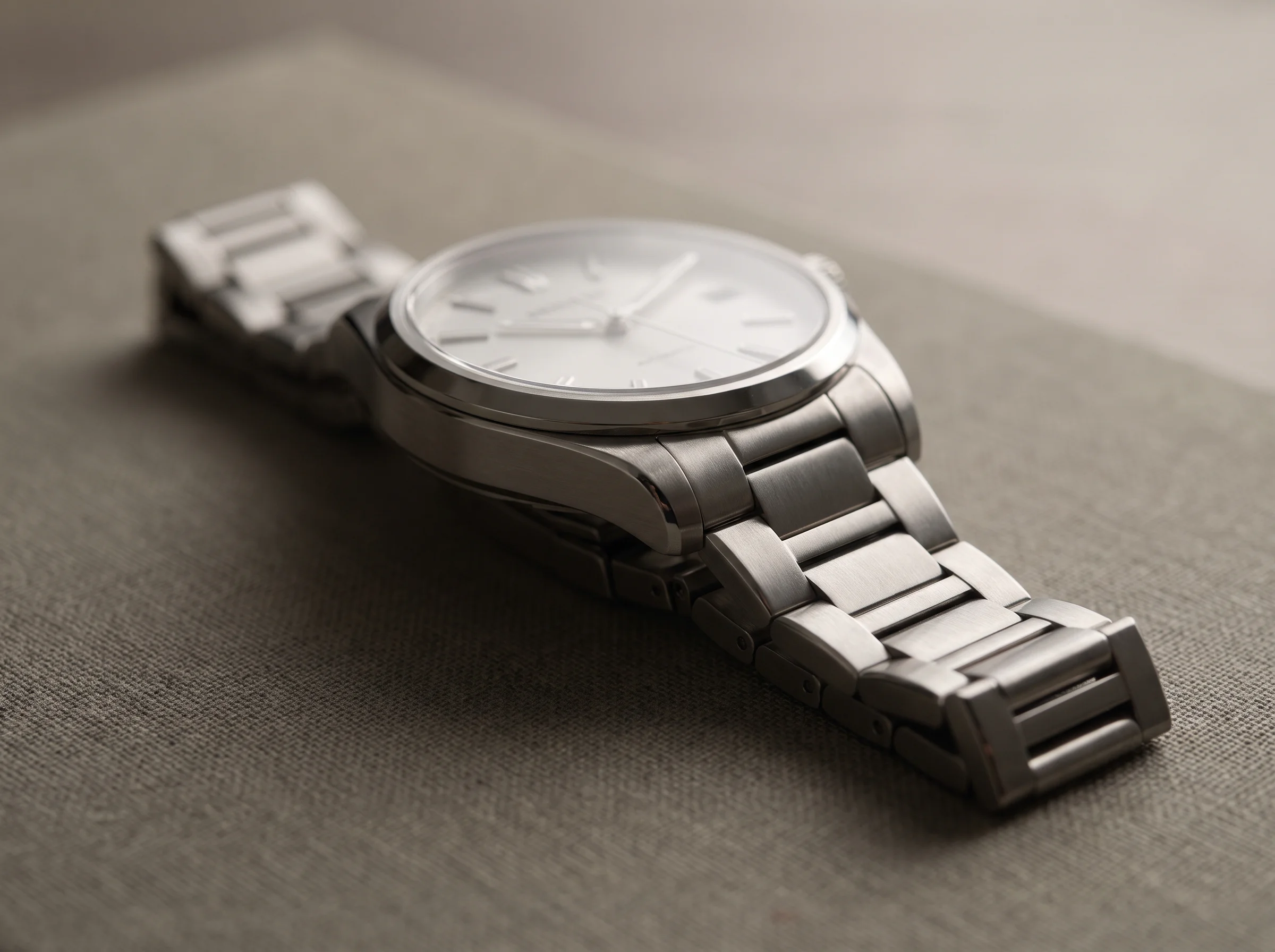 Close view of an integrated steel bracelet meeting the watch case, showing the link finishing