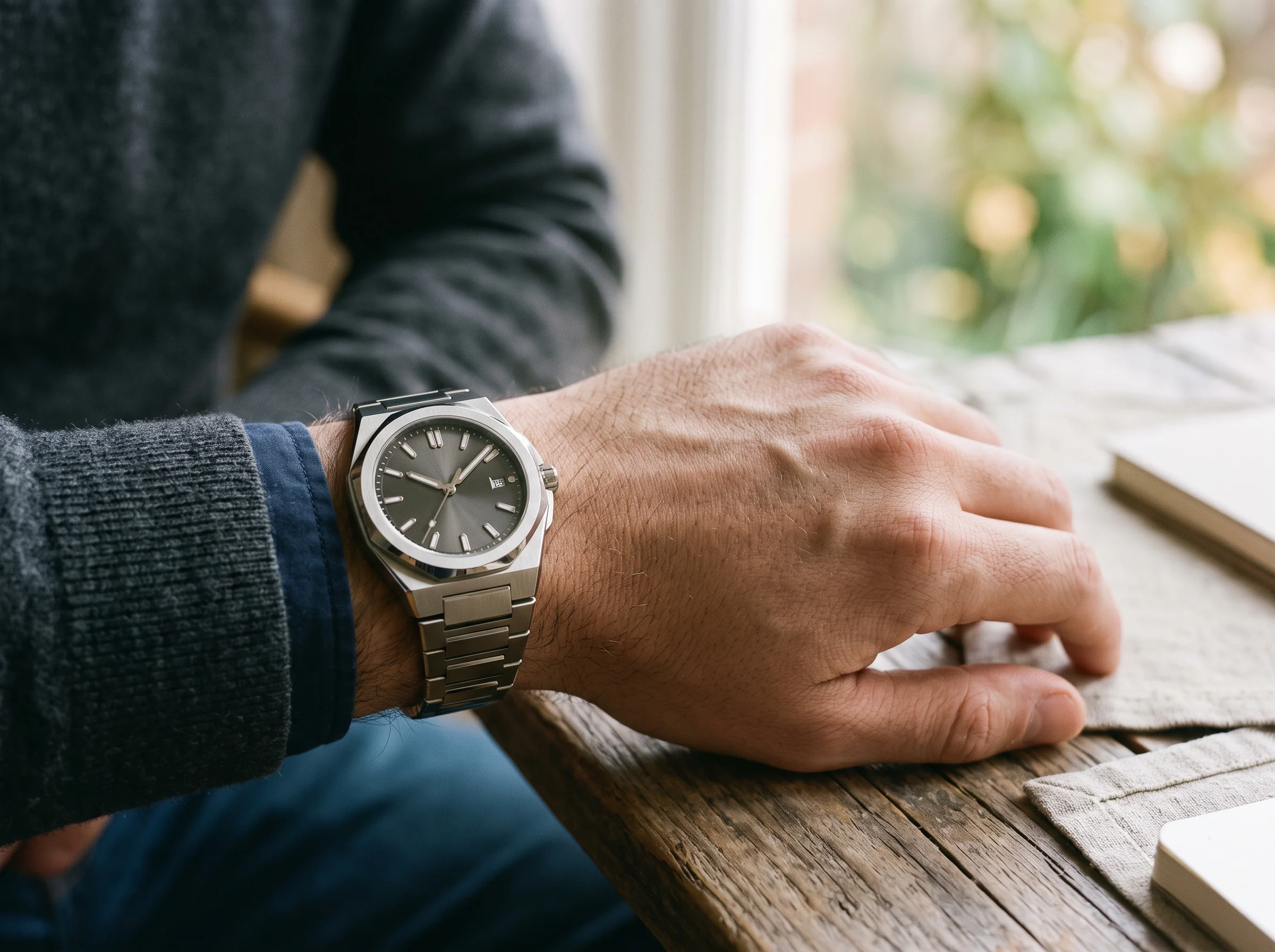 A modern sports-luxury watch with an integrated angular steel bracelet flowing from the case, worn on a wrist