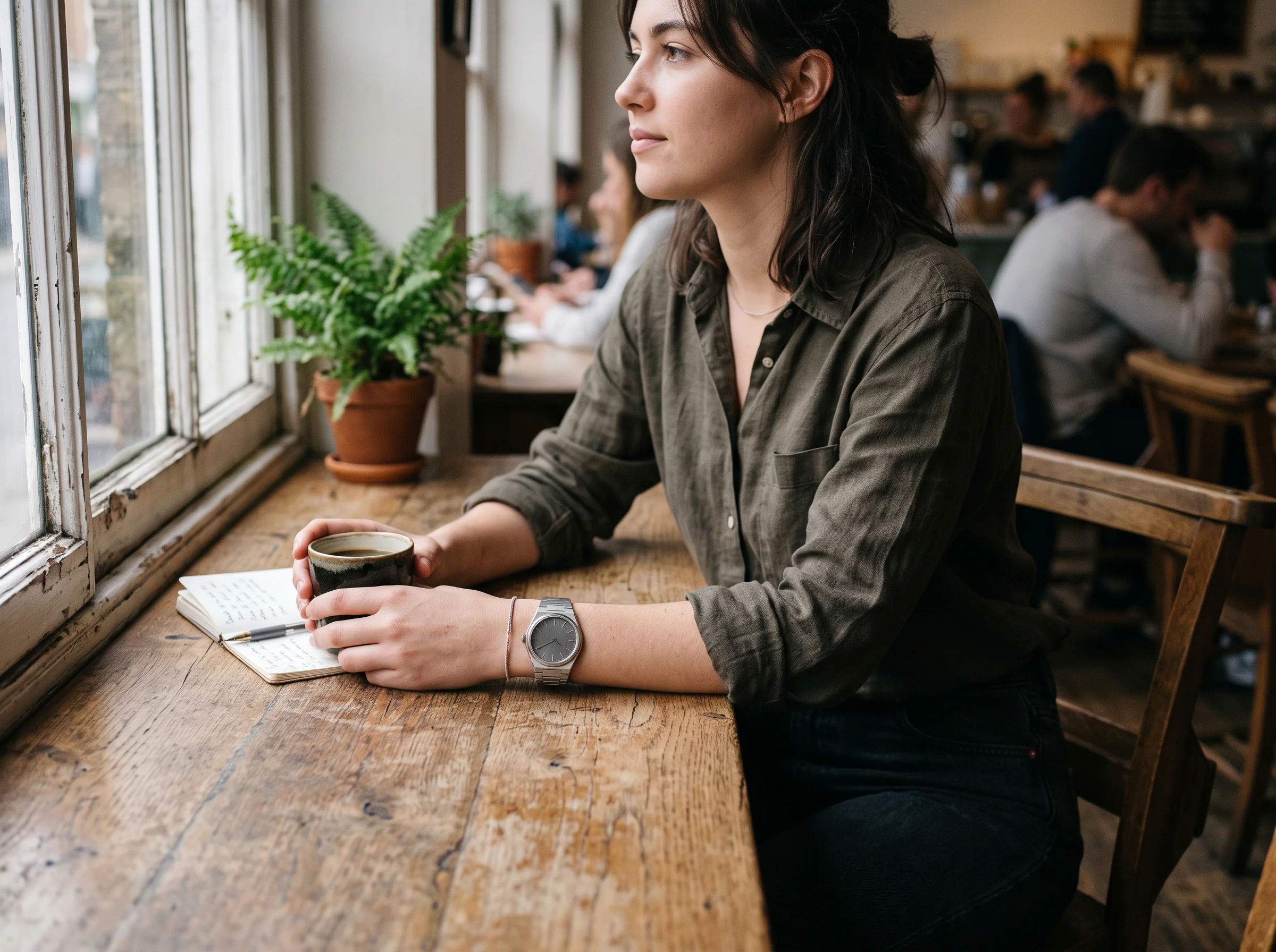 A slim integrated-bracelet sports watch worn on a wrist at a wooden cafe table
