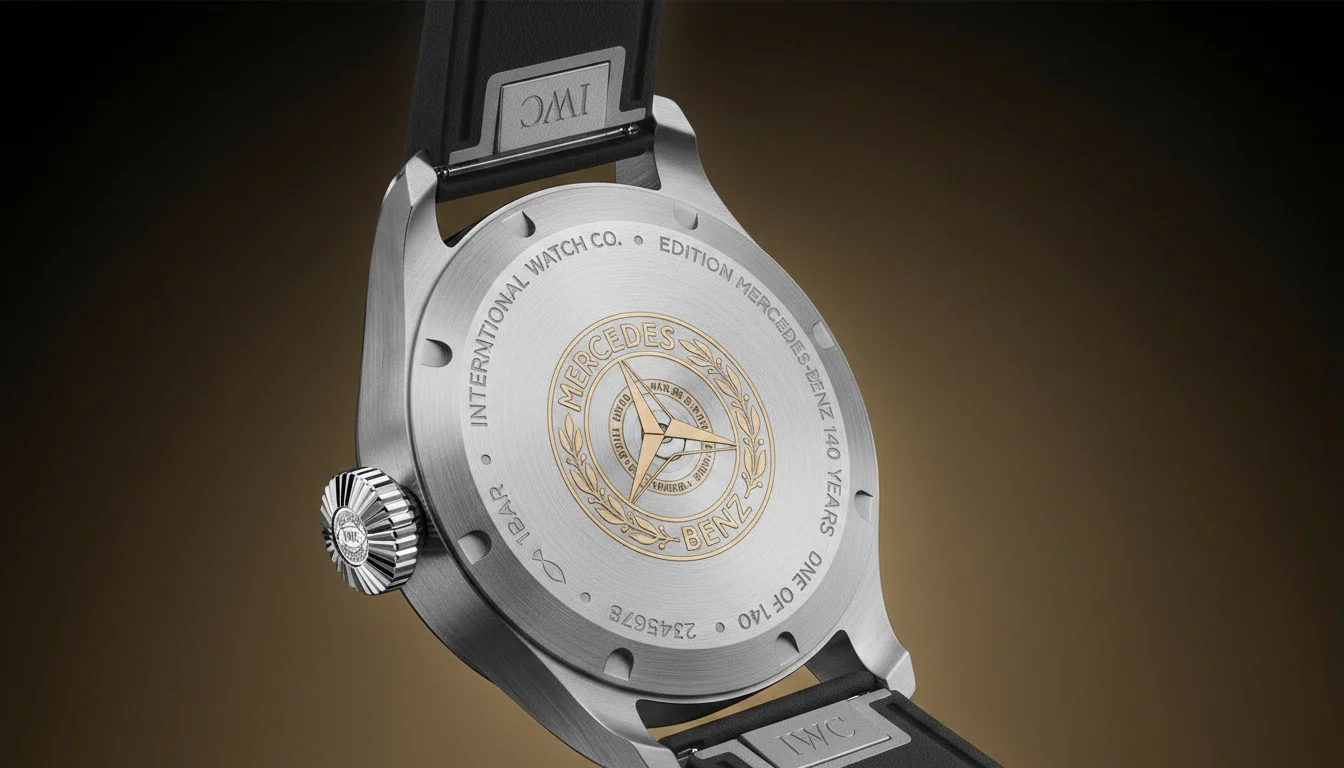 Engraved caseback of the IWC Big Pilot's Watch Mercedes-Benz 140 Years edition showing the laurel wreath medallion and limited edition numbering