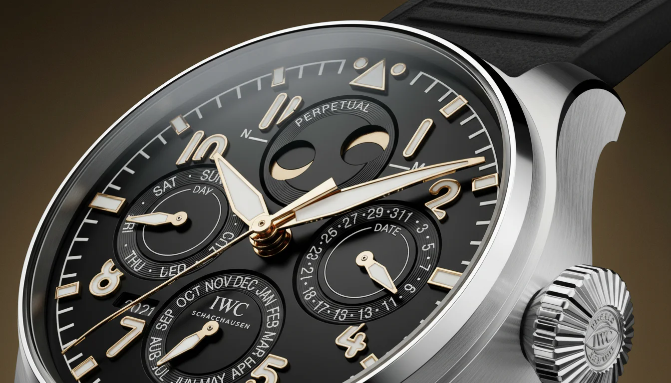Macro detail of the IWC Big Pilot Perpetual Calendar dial showing the moon phase display and date arc