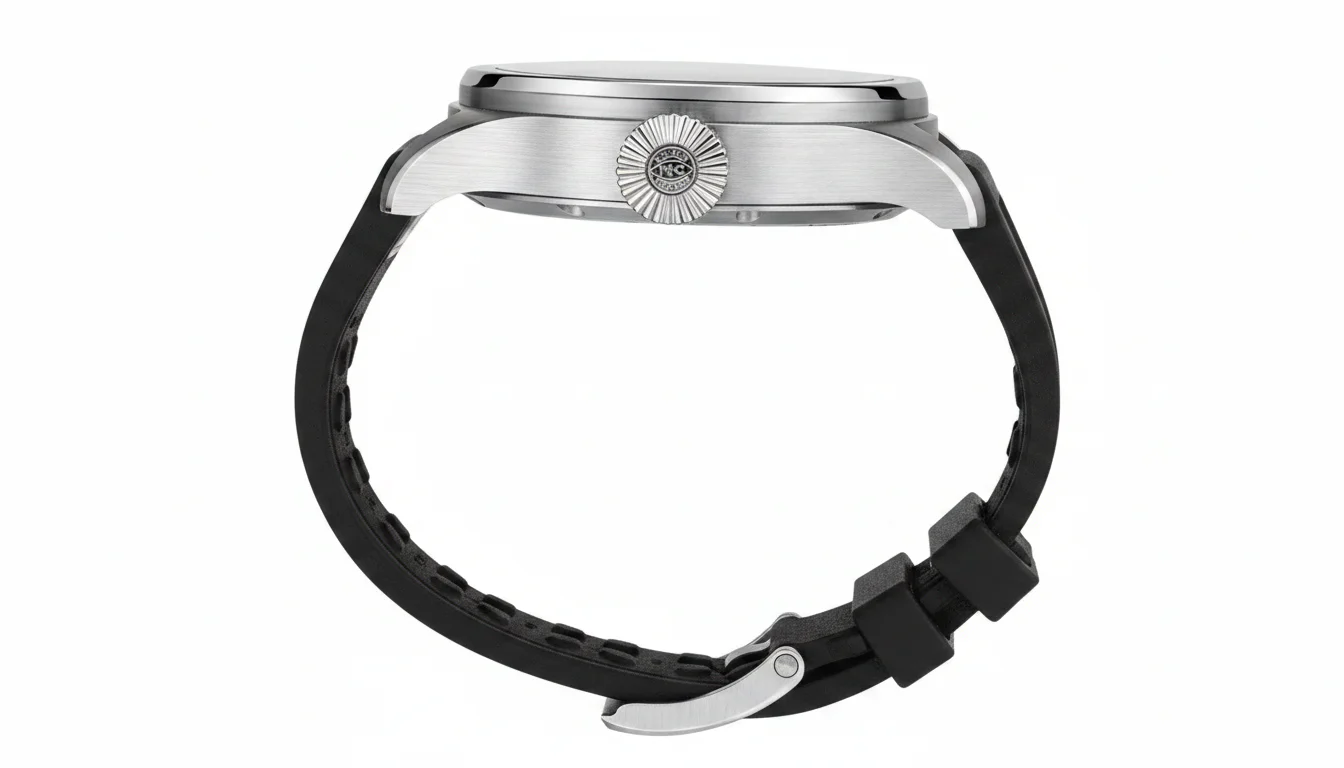 Side profile of the IWC Big Pilot's Watch Perpetual Calendar ProSet showing the fluted screw-down crown and case thickness