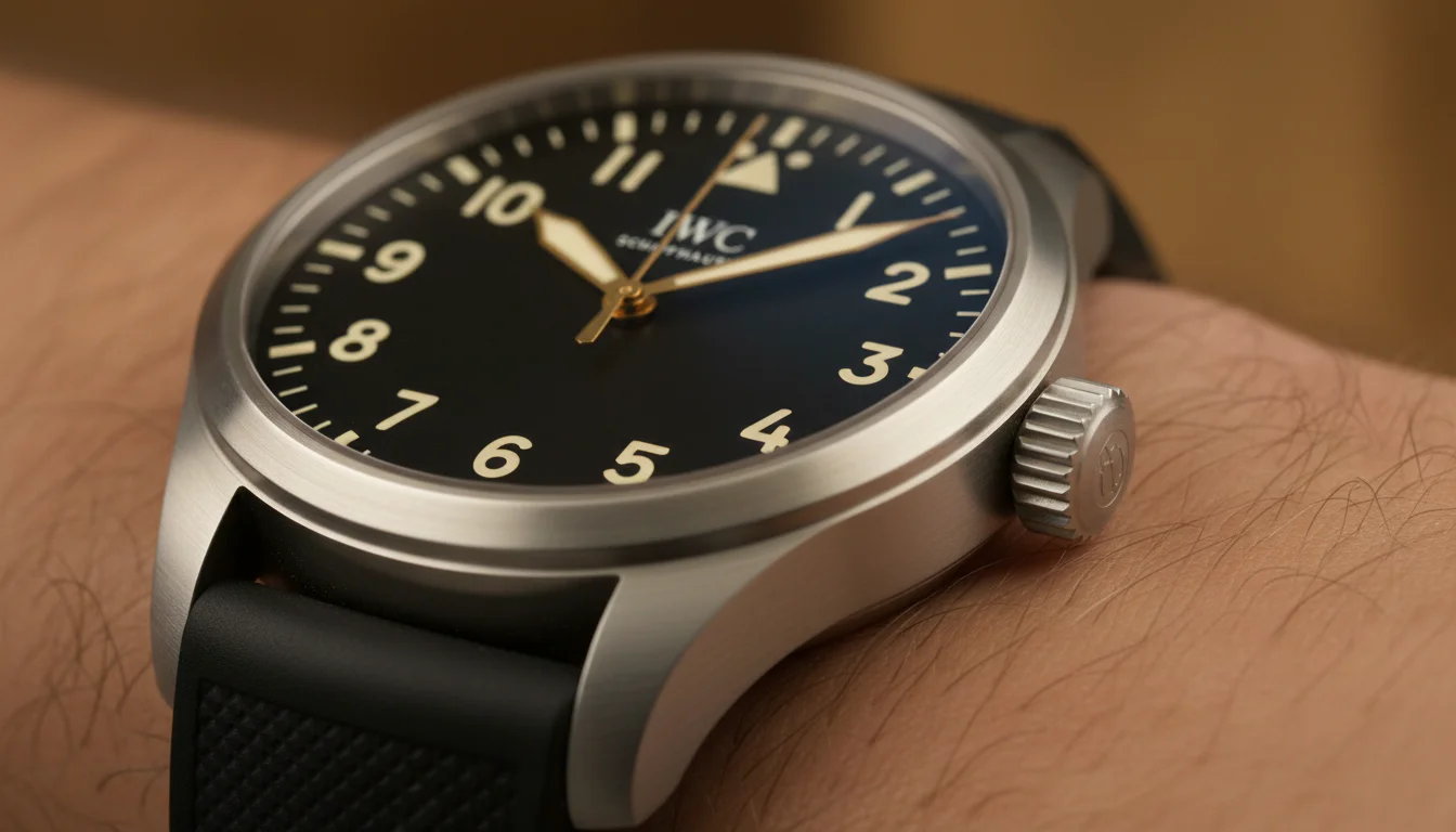 IWC Big Pilot's Watch Perpetual Calendar ProSet Mercedes-Benz edition worn on the wrist, black rubber strap