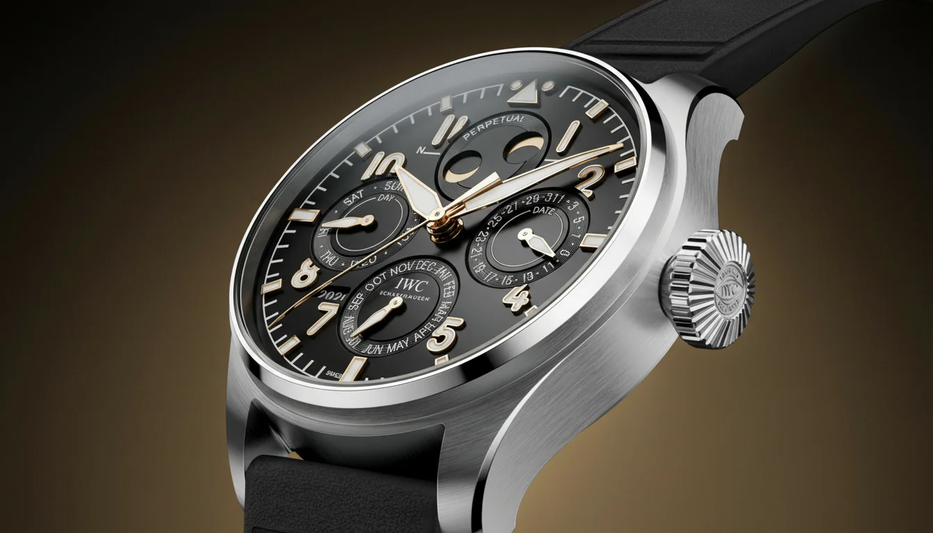 IWC Big Pilot's Watch Perpetual Calendar ProSet 140 Years Mercedes-Benz edition, angled hero shot showing the complex calendar dial
