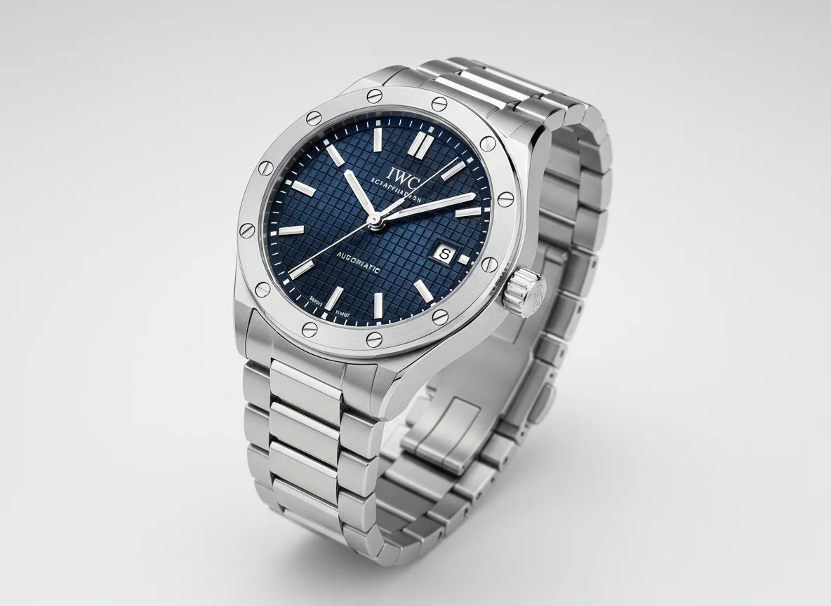 IWC Ingenieur Automatic 35 IW324907 in stainless steel with deep blue grid dial and integrated bracelet for smaller wrists