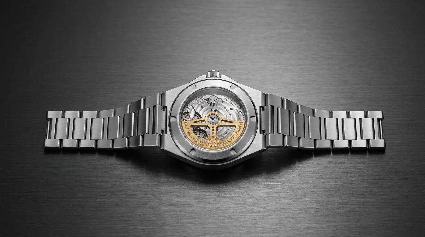 IWC Ingenieur Automatic 35 Pool sapphire caseback showing calibre 47110 with gold-plated rotor, bracelet lying flat