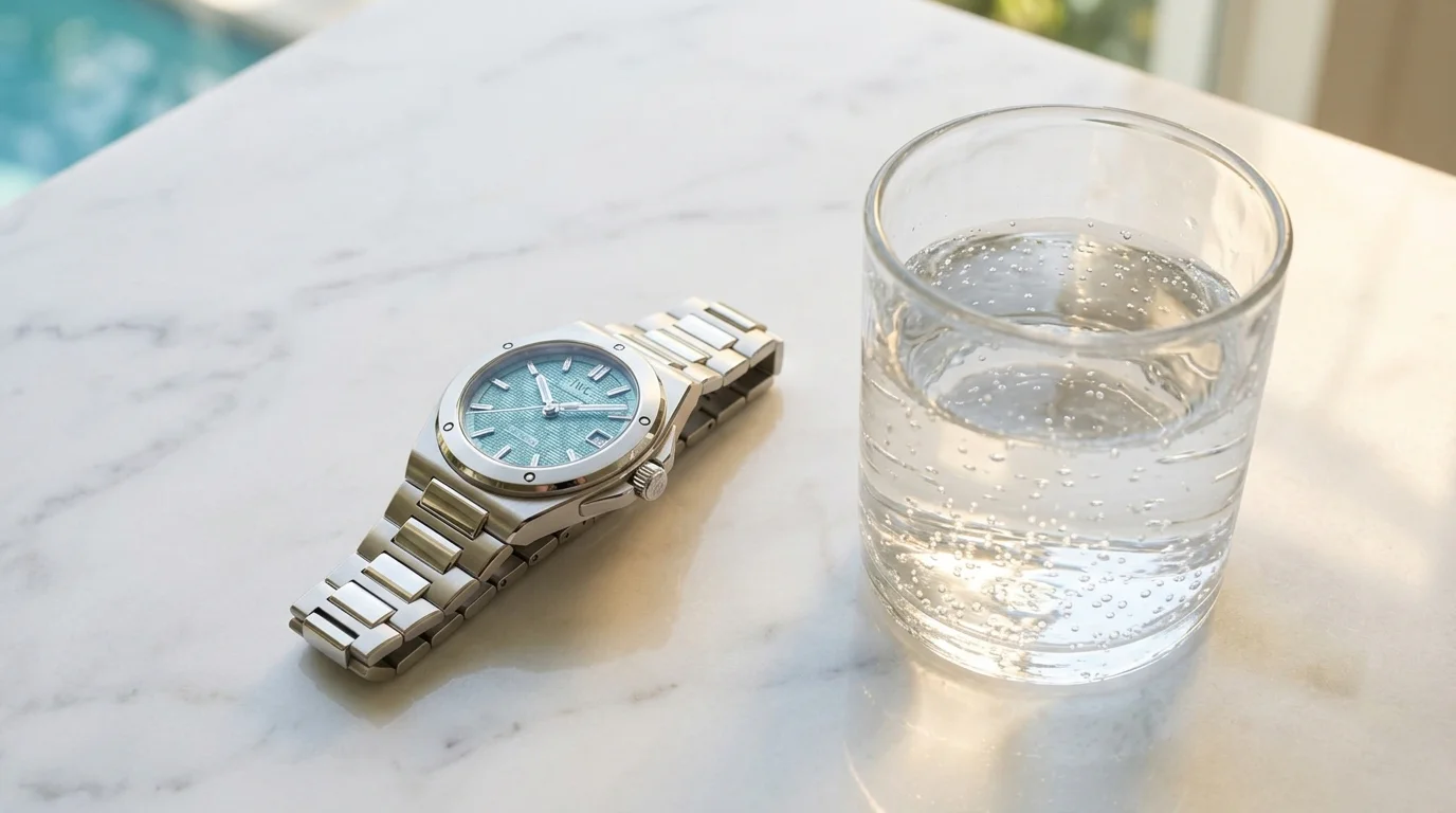 IWC Ingenieur Automatic 35 Pool on white marble counter in afternoon light