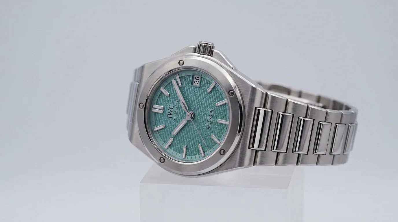 IWC Ingenieur Automatic 35 Pool three-quarter studio view showing steel case and integrated bracelet