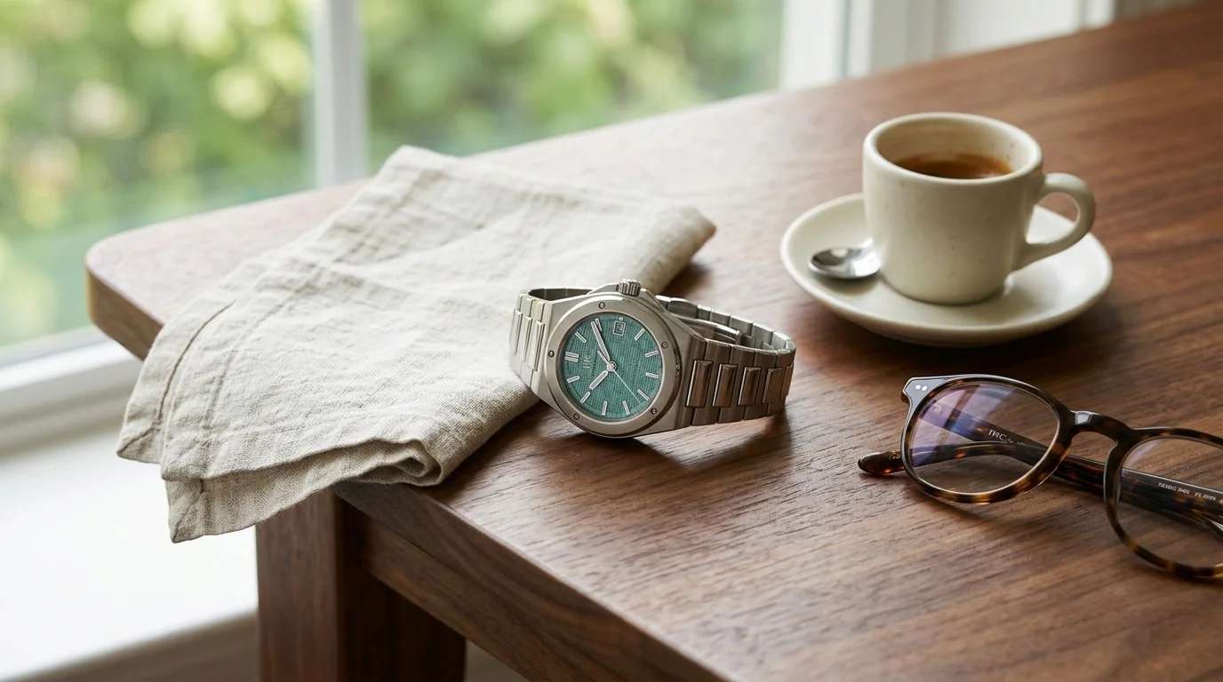 IWC Ingenieur Automatic 35 Pool resting on a warm walnut desk in morning light