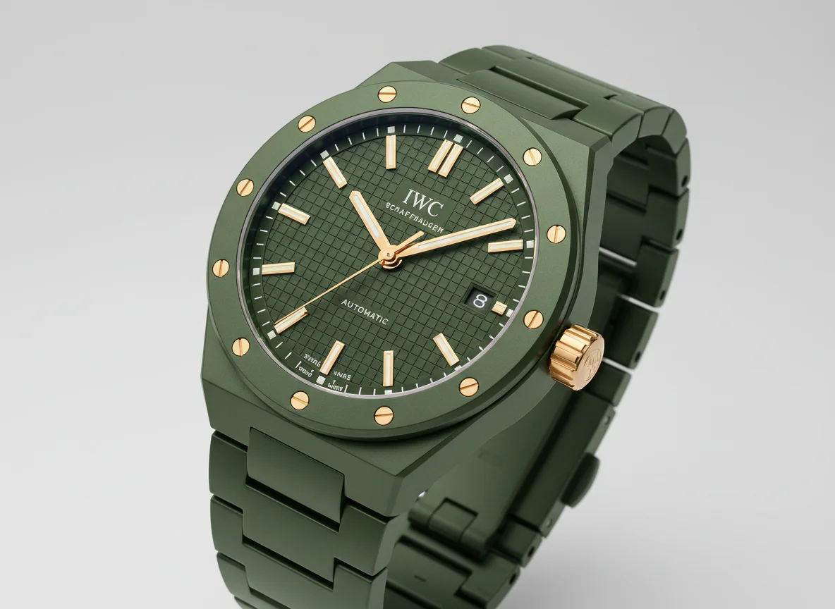 IWC Ingenieur Automatic 42 in dark olive green ceramic with Armor Gold bezel screws and rose gold crown 2026 release
