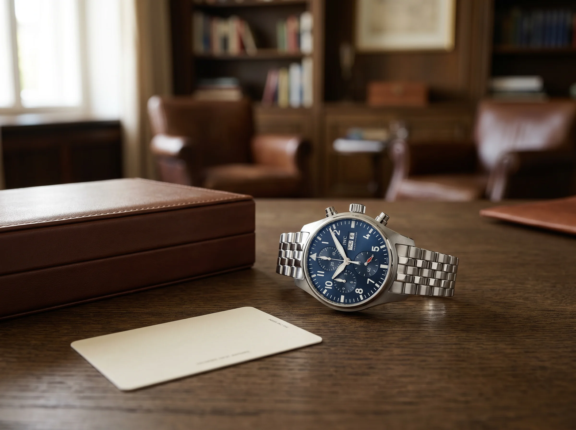 IWC Pilot's Watch Chronograph 41 IW388102 on a desk beside a closed brown leather presentation box and card