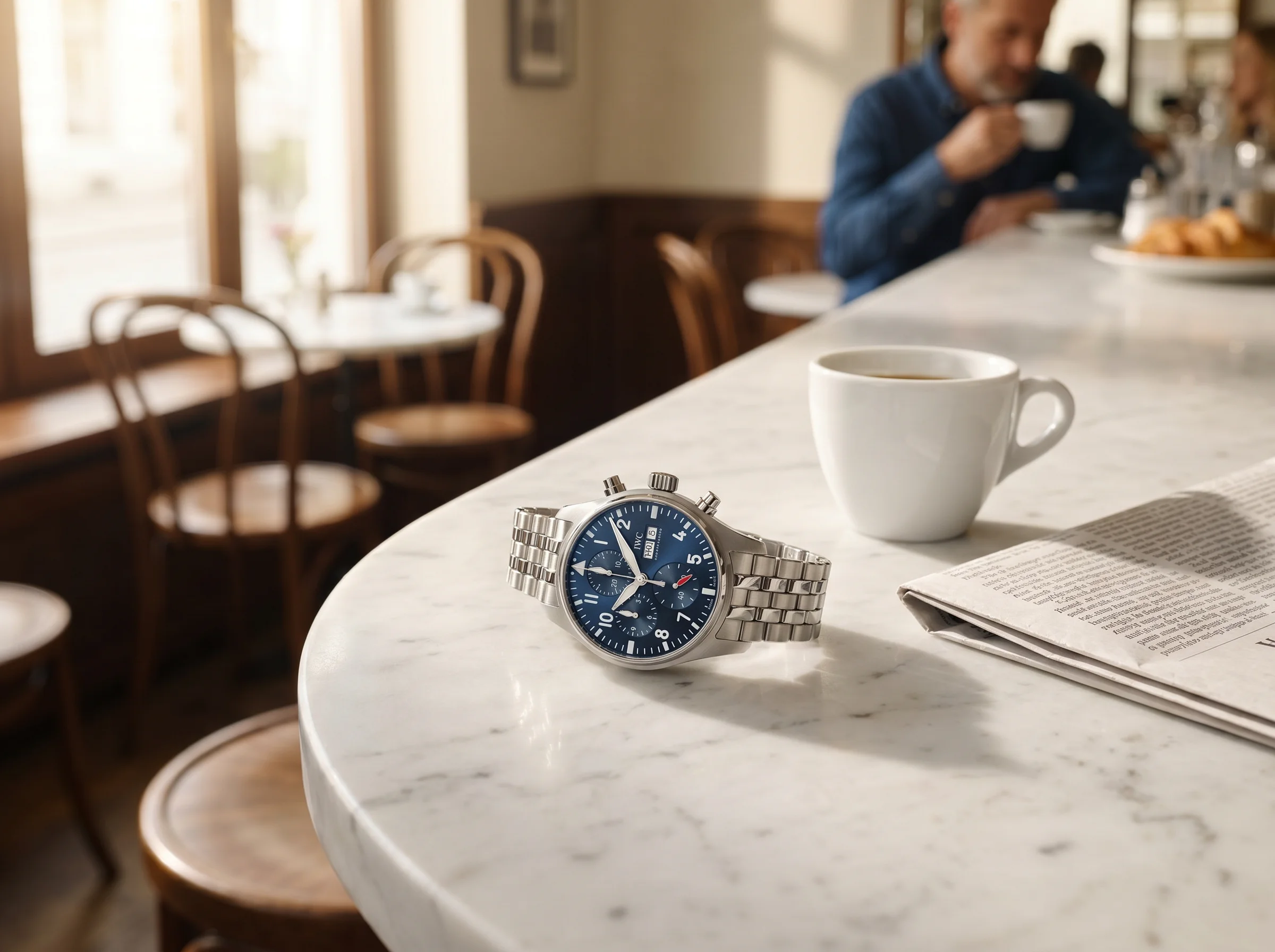 IWC Pilot's Watch Chronograph 41 IW388102 on a marble cafe counter beside an espresso cup and newspaper