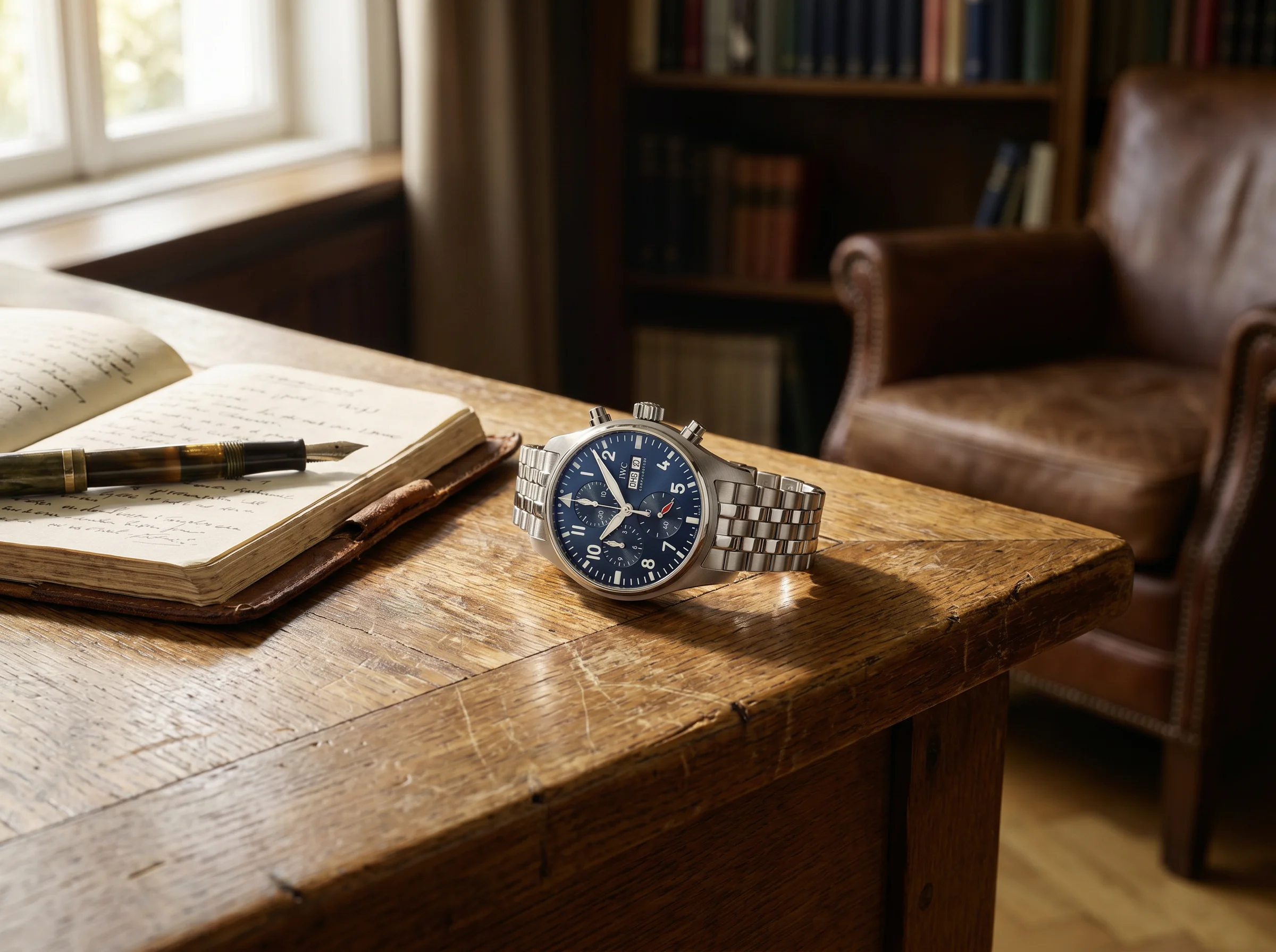 IWC Pilot's Watch Chronograph 41 IW388102 on a worn oak desk beside an open notebook and fountain pen