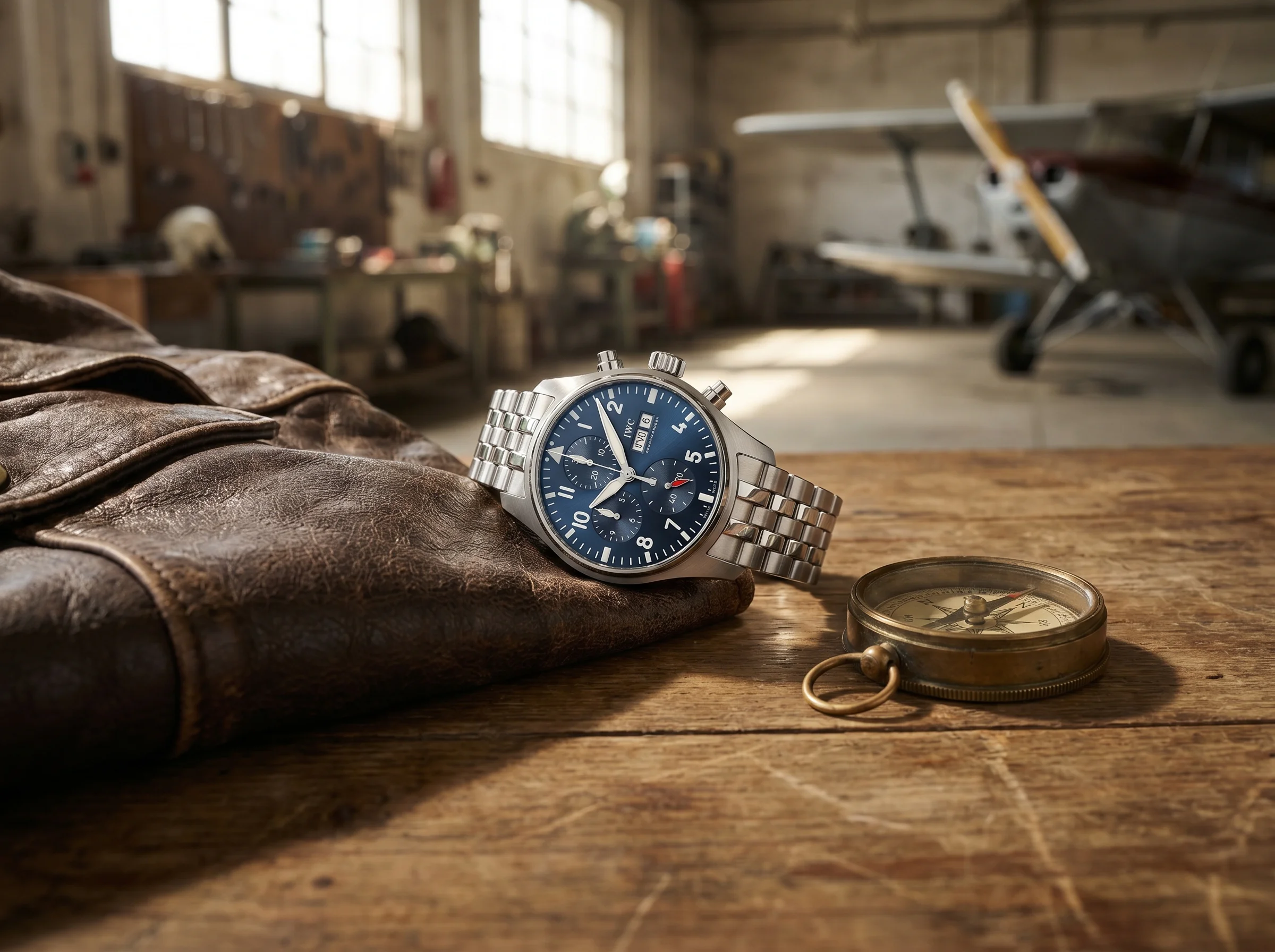 IWC Pilot's Watch Chronograph 41 IW388102 resting on a folded leather flight jacket beside a vintage compass