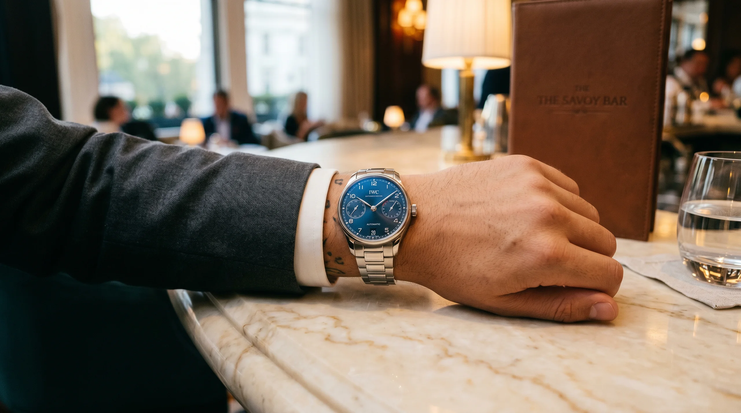 IWC Portugieser Automatic 42 reference IW501704 with blue dial and steel bracelet worn on the wrist at a marble bar counter
