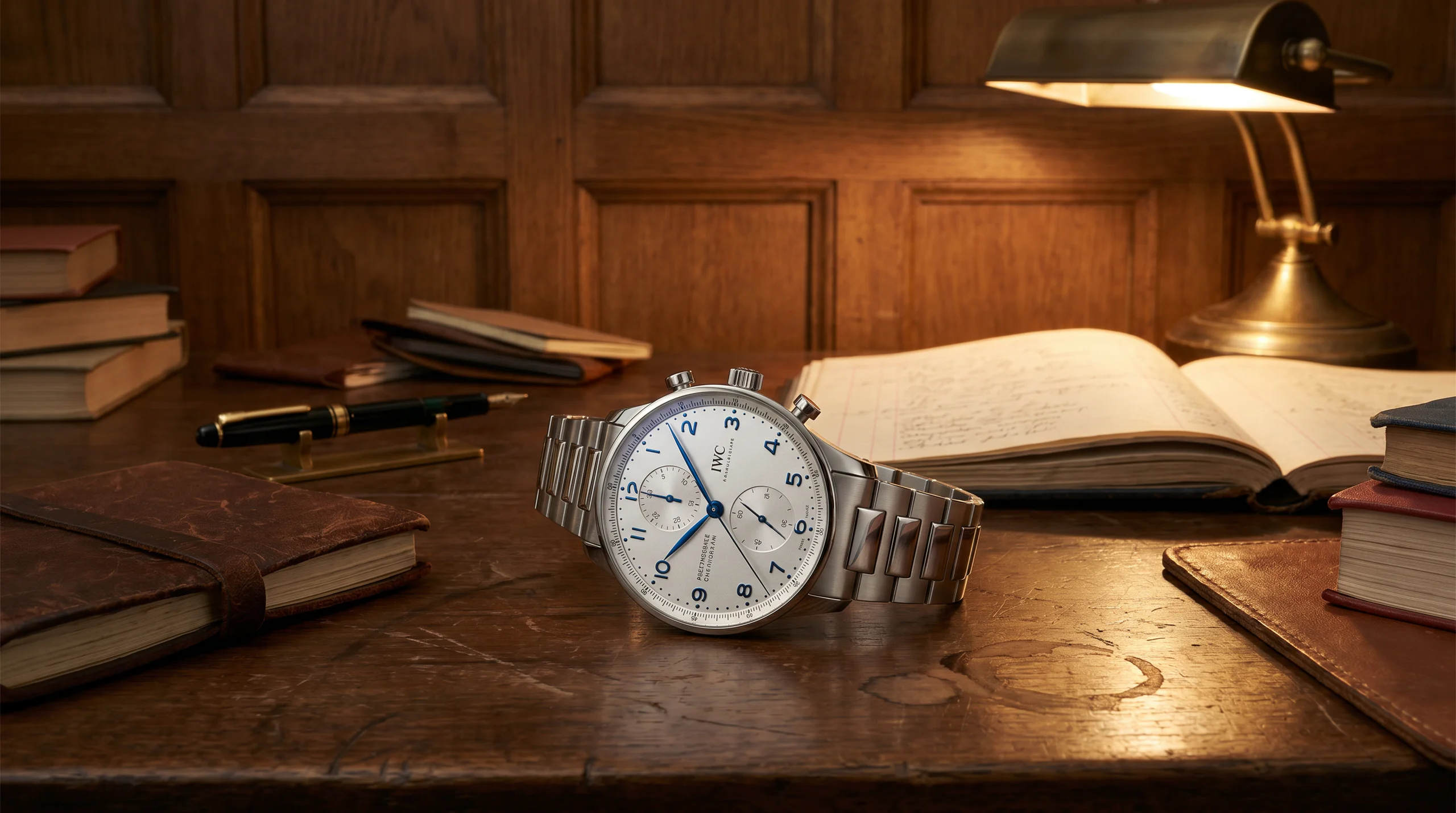 IWC Portugieser Chronograph reference IW371617 in stainless steel with silver dial blue numerals and steel bracelet on a walnut writing desk