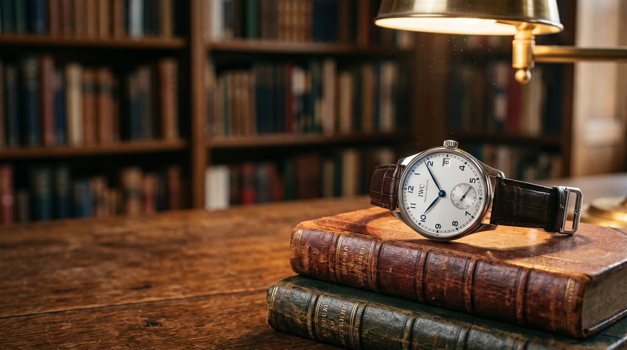 IWC Portugieser Hand-Wound Eight Days reference IW510205 in steel with silver dial, eight-day power reserve indicator at 9 o'clock, resting on antique leather books in a library