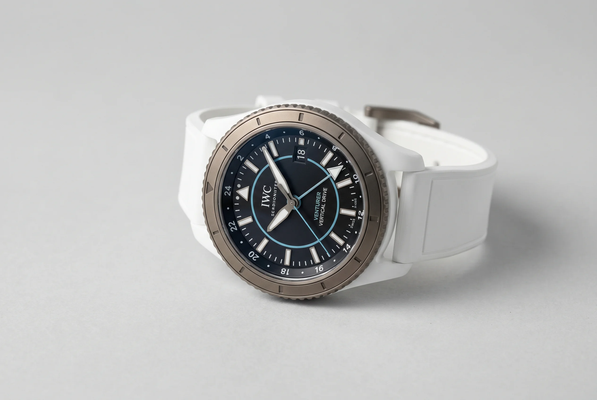 IWC Pilot's Venturer Vertical Drive IW328601 in white zirconium oxide ceramic with notched Ceratanium bezel and crownless case design